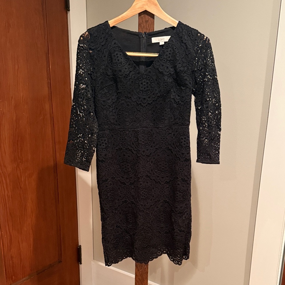 LOFT NWT Black Lace 3/4 Sleeve Cocktail Party Dress 0 Petite